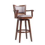 Benzara BM183375 Nail Head Trim Faux Leather Upholstered Barstool with Wooden Arms, Dark Brown
