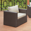 Benzara Faux Rattan Arm Chair with Seat & Back Cushions, Gray And Ivory