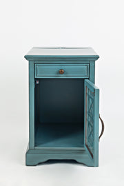 Benzara Wooden Chairside Table With Hidden Power Charger, Antique Blue