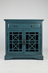 Benzara Craftsman Series 32 Inch Wooden Accent Cabinet with Fretwork Glass Front, Blue