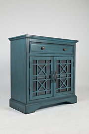 Benzara Craftsman Series 32 Inch Wooden Accent Cabinet with Fretwork Glass Front, Blue
