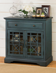 Benzara Craftsman Series 32 Inch Wooden Accent Cabinet with Fretwork Glass Front, Blue