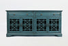 Benzara Craftsmen Series 70 Inch Wooden Media Unit with Fretwork Glass Front, Antique Blue