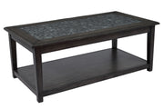 Benzara Cocktail Table with Marble Tile Inlay and Lower Shelf, Dark Gray