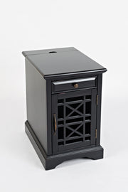Benzara Wooden Chairside Table With Hidden Power Charger, Antique Black