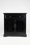 Benzara Craftsman Series 32 Inch Wooden Accent Cabinet with Fretwork Glass Front, Black