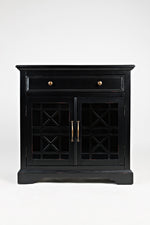 Benzara Craftsman Series 32 Inch Wooden Accent Cabinet with Fretwork Glass Front, Black