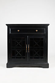 Benzara Craftsman Series 32 Inch Wooden Accent Cabinet with Fretwork Glass Front, Black