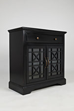 Benzara Craftsman Series 32 Inch Wooden Accent Cabinet with Fretwork Glass Front, Black