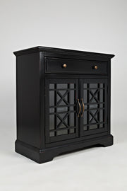 Benzara Craftsman Series 32 Inch Wooden Accent Cabinet with Fretwork Glass Front, Black