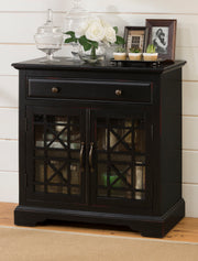 Benzara Craftsman Series 32 Inch Wooden Accent Cabinet with Fretwork Glass Front, Black