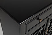 Benzara Craftsman Series 32 Inch Wooden Accent Cabinet with Fretwork Glass Front, Black