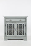 Benzara Craftsman Series 32 Inch Wooden Accent Cabinet with Fretwork Glass Front, Earl Gray