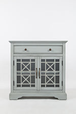 Benzara Craftsman Series 32 Inch Wooden Accent Cabinet with Fretwork Glass Front, Earl Gray