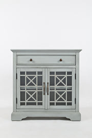 Benzara Craftsman Series 32 Inch Wooden Accent Cabinet with Fretwork Glass Front, Earl Gray