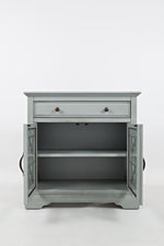 Benzara Craftsman Series 32 Inch Wooden Accent Cabinet with Fretwork Glass Front, Earl Gray