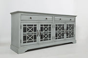 Benzara Craftsmen Series 70 Inch Accent Cabinet with Fretwork Glass Front, Earl Gray