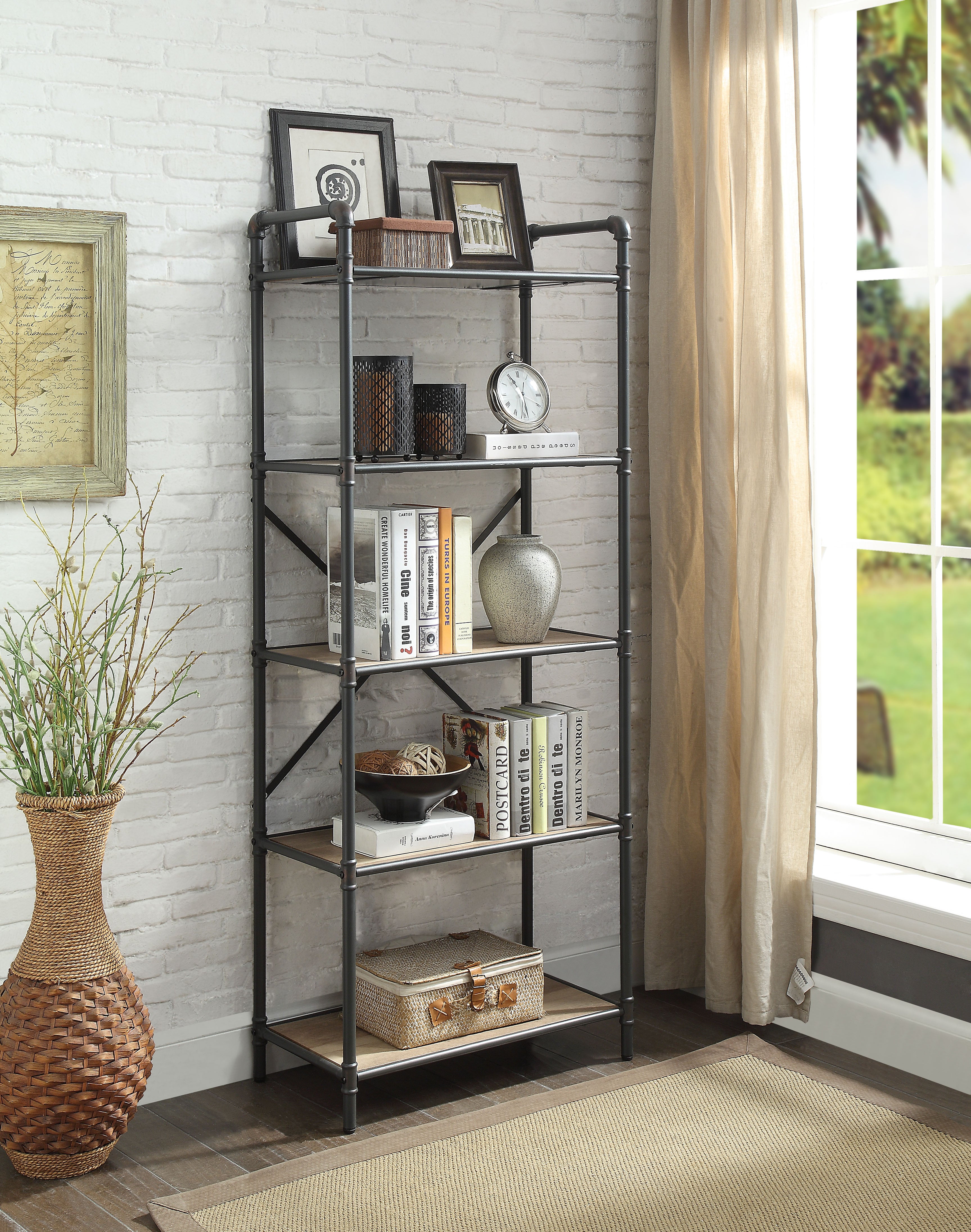 Benzara Five Tier Metal Bookshelf With Wooden Shelves and Piped