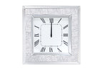 Benzara Square Wall Clock With Mirror and Rhinestone Accents, White and Silver