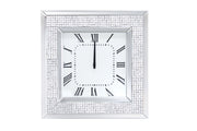 Benzara Square Wall Clock With Mirror and Rhinestone Accents, White and Silver