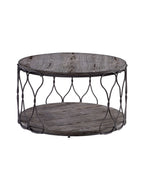 Benzara Wooden Round Top Coffee Table with Twisted Metal Frame, Weathered Gray