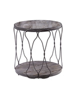 Benzara Wooden Round Top End Table with Twisted Metal Frame, Weathered Gray