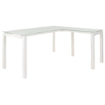 Benzara Metal L Shape Desk with Frosted Glass Top and Block Legs, White
