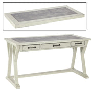 Benzara Three Drawers Wooden Desk with Faux Cement Top and Trestle Base, White and Gray