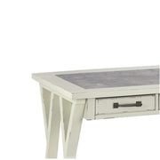 Benzara Three Drawers Wooden Desk with Faux Cement Top and Trestle Base, White and Gray