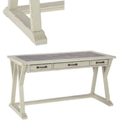 Benzara Three Drawers Wooden Desk with Faux Cement Top and Trestle Base, White and Gray