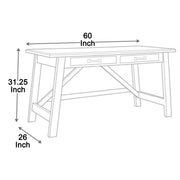 Benzara Two Drawers Wooden Desk with Cross Stretcher Brace Design, Large, Brown