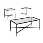 Benzara Metal Framed Table Set with Glass Top and Cross Bar Stretcher, Set of 3, Black and Clear