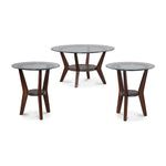 Benzara Round Wooden Table Set with Glass Top and Lower Shelf, Set of 3, Brown and Clear