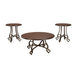 Benzara Scrolled Metal Base Tables with Round Wooden Top, Set of 3, Brown and Bronze