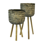Benzara Basket Shape Bamboo Planters on Flared Wooden Stand, Rustic Brown, Set of 2