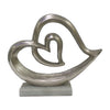 Benzara Double Heart Metal Sculpture on Marble Base, Silver and Gray