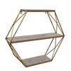 Benzara Metal and Wood Three Tier Hexagon Wall Shelf, White and Gold