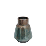 Benzara Rustic Style Metal Vase with Round Top and Flared Body, Small, Bronze and Blue