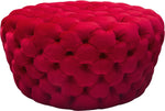 Benzara Velvet Upholstered Button Tufted Round Accent Ottoman, Red