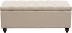Benzara Linen Upholstered Tufted Trunk with Lift Top Storage and Bun Style Wood Feet, Beige and Brown