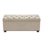 Benzara Velvet Upholstered Button Tufted Trunk with Lift Top Storage and Nail head Accent Trim, Beige