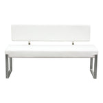 Benzara Leatherette Upholstered Bench with Stainless Steel Frame and Back Support, White and Silver