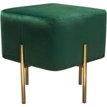 Benzara Velvet Upholstered Modern Square Accent Ottoman with Stainless Steel Frame, Emerald Green and Gold
