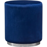 Benzara Velvet Upholstered Round Accent Ottoman with Metal Base, Blue and Chrome