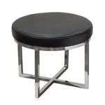Benzara Leather Upholstered Round Accent Stool with Cross Metal Legs, Black and Chrome