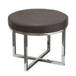 Benzara Leather Upholstered Round Accent Stool with Cross Metal Legs, Gray and Chrome