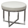 Benzara Leather Upholstered Round Accent Stool with Cross Metal Legs, White and Chrome