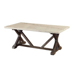 Benzara Marble Rectangle Shaped Coffee Table with Wooden Trestle Base, White and Espresso Brown