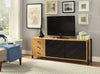 Benzara Rectangular Three Drawers Wooden TV Console with Sliding Door Storage, Natural Brown and Black