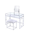 Benzara Glass and Metal Vanity Set With Faux Fur Stool, White and Silver